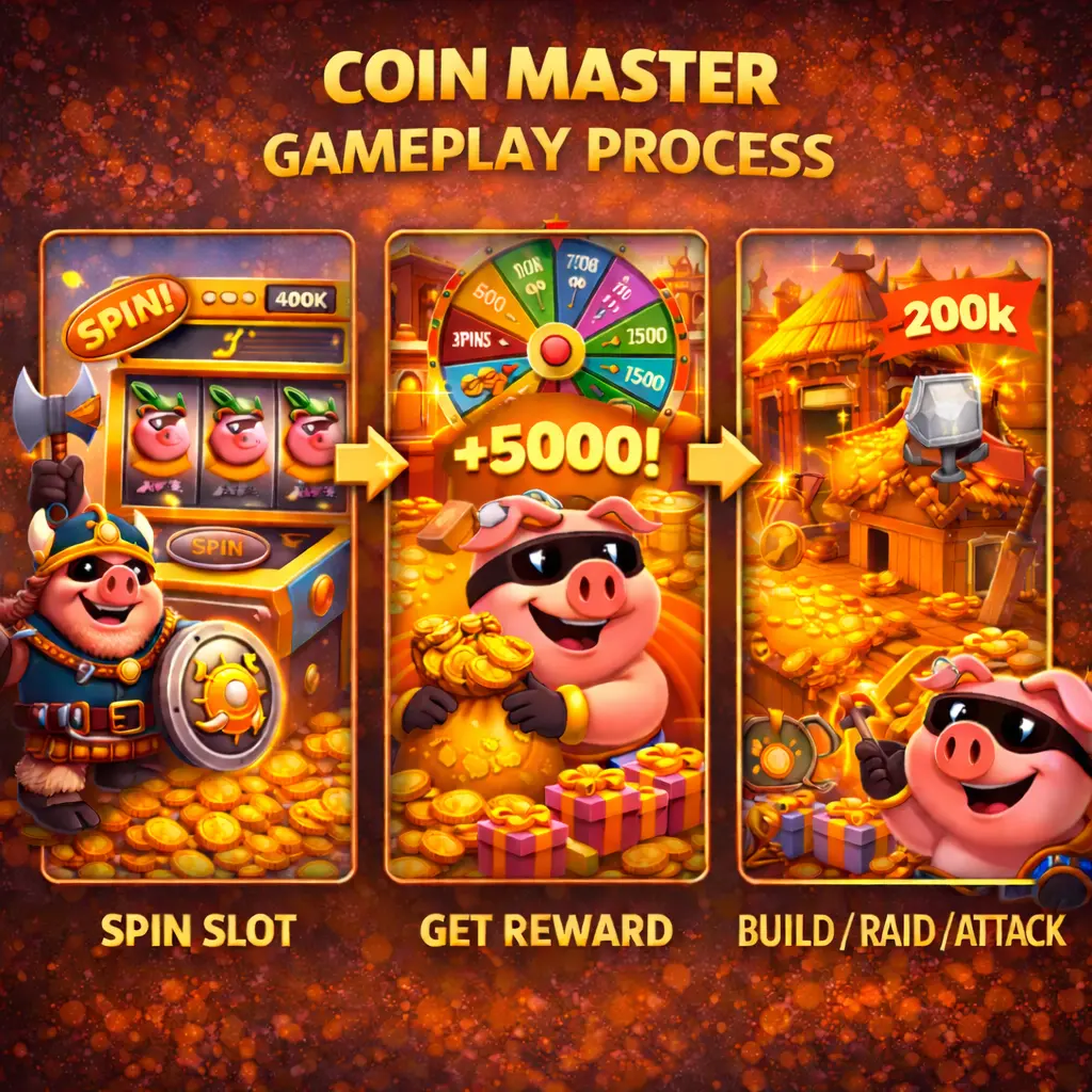 Coin Master Gameplay Process — Spin Slot, Get Reward, Build/Raid/Attack